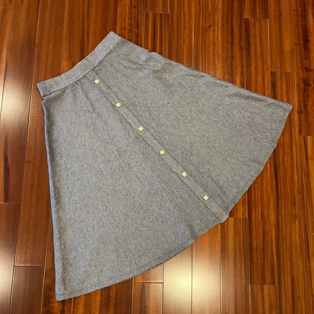 Macy McCoy Knit Skirt Grey Midi Pearl Button A-Line Heathered Ribbed Size XS S‎